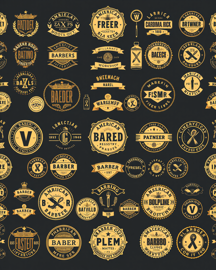 Collage of 266 American barber grooming brand emblems